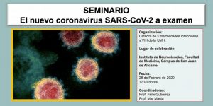Cartel Seminario El nuevo coronavirus SARS-CoV-2 a examen Departamento de Medicina Clínica UMH